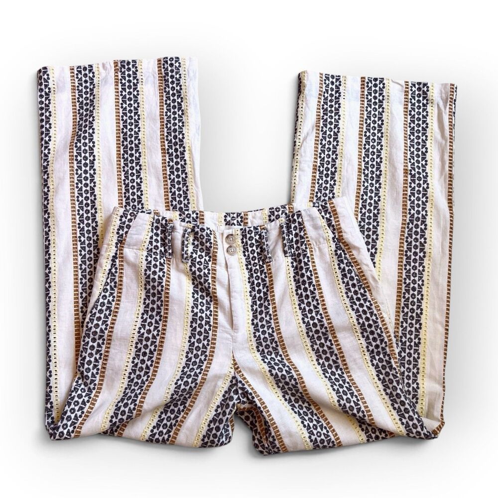 Anthropologie Eyelet Pants 8 Linen Cotton Striped Wide Leg Trousers Boho White - Picture 6 of 8